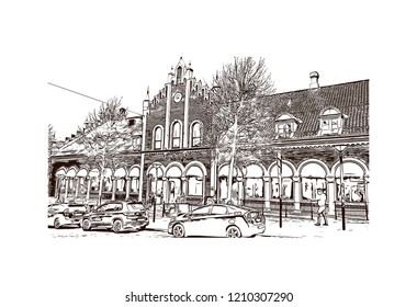 Building view with landmark of Bergen is a city on Norway’s southwestern coast. Hand drawn sketch illustration in vector.