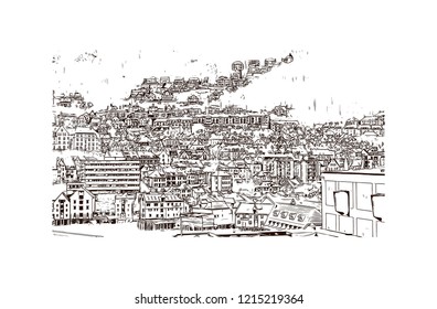 Building view with landmark of Bergen is a city on Norway’s southwestern coast. Hand drawn sketch illustration in vector.