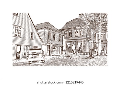 Building view with landmark of Bergen is a city on Norway’s southwestern coast. Hand drawn sketch illustration in vector.