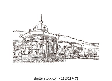 Building view with landmark of Bergen is a city on Norway’s southwestern coast. Hand drawn sketch illustration in vector.