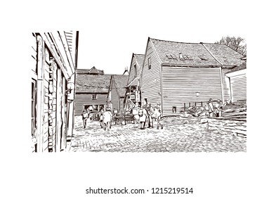 Building view with landmark of Bergen is a city on Norway’s southwestern coast. Hand drawn sketch illustration in vector.