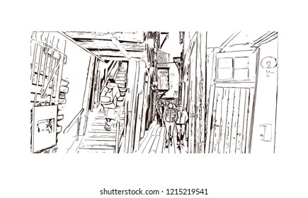 Building view with landmark of Bergen is a city on Norway’s southwestern coast. Hand drawn sketch illustration in vector.