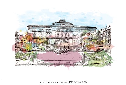 Building view with landmark of Bergen is a city on Norway’s southwestern coast. Watercolor splash with Hand drawn sketch illustration in vector.
