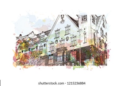 Building view with landmark of Bergen is a city on Norway’s southwestern coast. Watercolor splash with Hand drawn sketch illustration in vector.