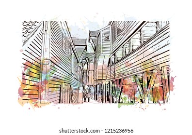 Building view with landmark of Bergen is a city on Norway’s southwestern coast. Watercolor splash with Hand drawn sketch illustration in vector.