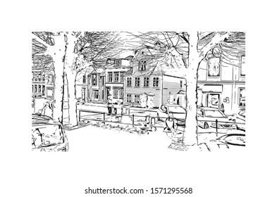 Building view with landmark of Bergen is a city on Norway’s southwestern coast. Hand drawn sketch illustration in vector.