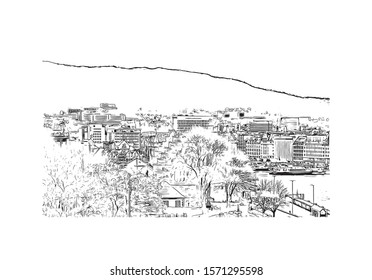 Building view with landmark of Bergen is a city on Norway’s southwestern coast. Hand drawn sketch illustration in vector.