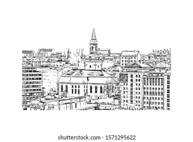 Building view with landmark of Bergen is a city on Norway’s southwestern coast. Hand drawn sketch illustration in vector.