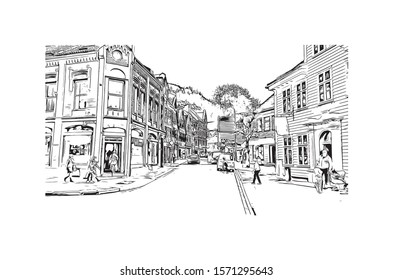 Building view with landmark of Bergen is a city on Norway’s southwestern coast. Hand drawn sketch illustration in vector.