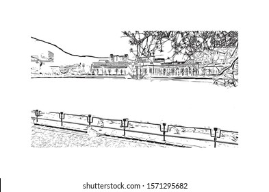 Building view with landmark of Bergen is a city on Norway’s southwestern coast. Hand drawn sketch illustration in vector.