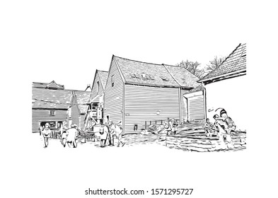 Building view with landmark of Bergen is a city on Norway’s southwestern coast. Hand drawn sketch illustration in vector.