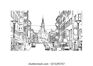 Building view with landmark of Bergen is a city on Norway’s southwestern coast. Hand drawn sketch illustration in vector.