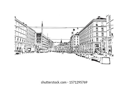 Building view with landmark of Bergen is a city on Norway’s southwestern coast. Hand drawn sketch illustration in vector.