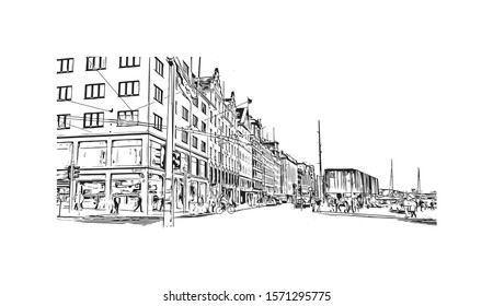 Building view with landmark of Bergen is a city on Norway’s southwestern coast. Hand drawn sketch illustration in vector.