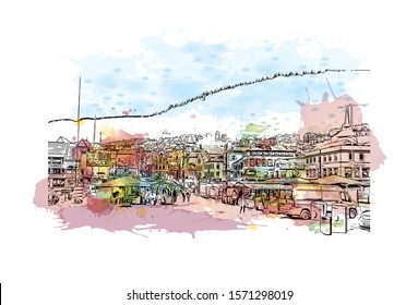 Building view with landmark of Bergen is a city on Norway’s southwestern coast. Watercolor splash with Hand drawn sketch illustration in vector.