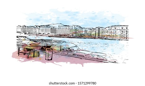 Building view with landmark of Bergen is a city on Norway’s southwestern coast. Watercolor splash with Hand drawn sketch illustration in vector.