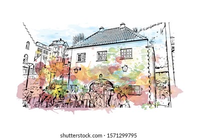 Building view with landmark of Bergen is a city on Norway’s southwestern coast. Watercolor splash with Hand drawn sketch illustration in vector.