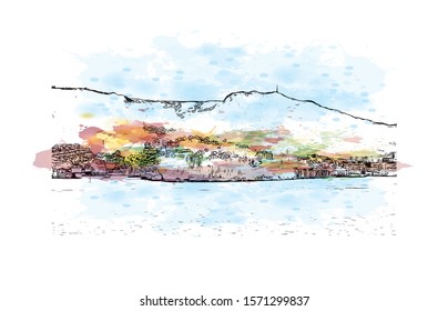 Building view with landmark of Bergen is a city on Norway’s southwestern coast. Watercolor splash with Hand drawn sketch illustration in vector.