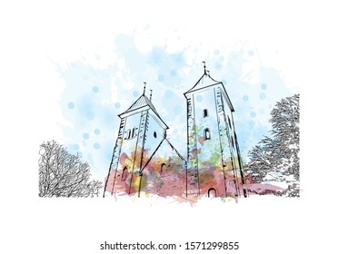 Building view with landmark of Bergen is a city on Norway’s southwestern coast. Watercolor splash with Hand drawn sketch illustration in vector.