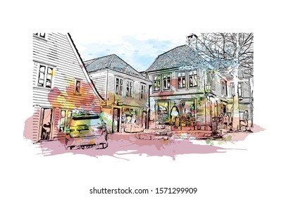 Building view with landmark of Bergen is a city on Norway’s southwestern coast. Watercolor splash with Hand drawn sketch illustration in vector.