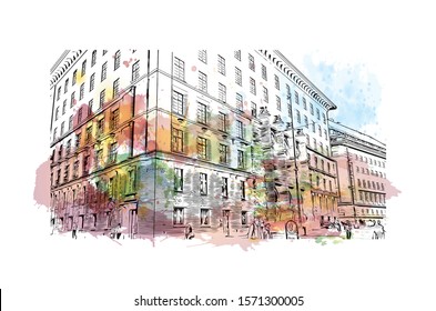 Building view with landmark of Bergen is a city on Norway’s southwestern coast. Watercolor splash with Hand drawn sketch illustration in vector.