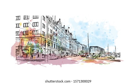 Building view with landmark of Bergen is a city on Norway’s southwestern coast. Watercolor splash with Hand drawn sketch illustration in vector.