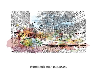 Building view with landmark of Bergen is a city on Norway’s southwestern coast. Watercolor splash with Hand drawn sketch illustration in vector.