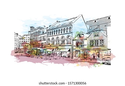 Building view with landmark of Bergen is a city on Norway’s southwestern coast. Watercolor splash with Hand drawn sketch illustration in vector.