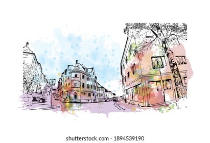 Building view with landmark of Bergen is the
city in Norway. Watercolour splash with hand drawn sketch illustration in vector.