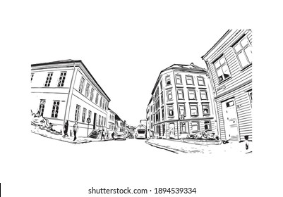 Building view with landmark of Bergen is the
city in Norway. Hand drawn sketch illustration in vector.