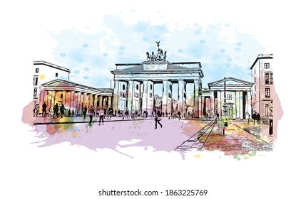 Building view with landmark of Berlin is the capital and largest city of Germany. Watercolour splash with hand drawn sketch illustration in vector.