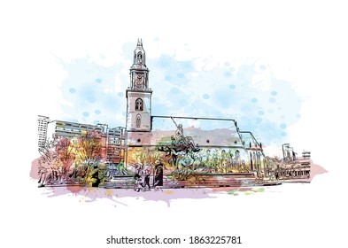 Building view with landmark of Berlin is the capital and largest city of Germany. Watercolour splash with hand drawn sketch illustration in vector.