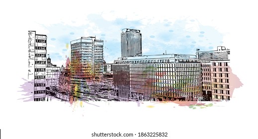 Building view with landmark of Berlin is the capital and largest city of Germany. Watercolour splash with hand drawn sketch illustration in vector.