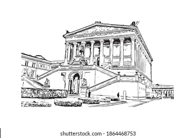 Building view with landmark of Berlin is the
capital of Germany. Hand drawn sketch illustration in vector.