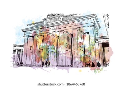 La vista de edificio con un punto de referencia de Berlín es la
capital de Alemania. Salto de color de agua con ilustración de esbozo dibujada a mano en vector.