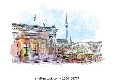 Building view with landmark of Berlin is the
capital of Germany. Watercolour splash with hand drawn sketch illustration in vector.