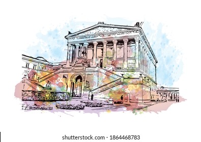 Building view with landmark of Berlin is the
capital of Germany. Watercolour splash with hand drawn sketch illustration in vector.