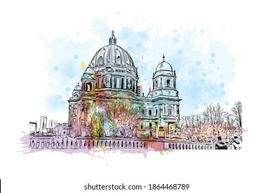 Building view with landmark of Berlin is the
capital of Germany. Watercolour splash with hand drawn sketch illustration in vector.