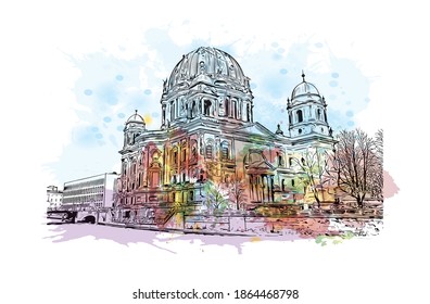 Building view with landmark of Berlin is the
capital of Germany. Watercolour splash with hand drawn sketch illustration in vector.