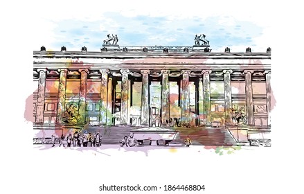 Building view with landmark of Berlin is the
capital of Germany. Watercolour splash with hand drawn sketch illustration in vector.