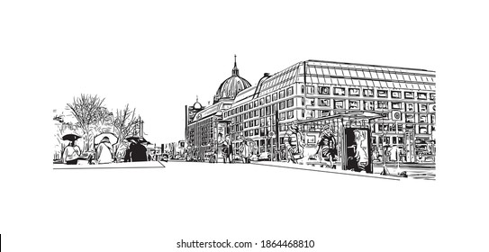 Building view with landmark of Berlin is the
capital of Germany. Hand drawn sketch illustration in vector.