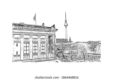 La vista de edificio con un punto de referencia de Berlín es la
capital de Alemania. Dibujo a mano de ilustración de esbozo en vector.