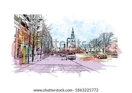 Building view with landmark of Berlin is the capital and largest city of Germany. Watercolour splash with hand drawn sketch illustration in vector.