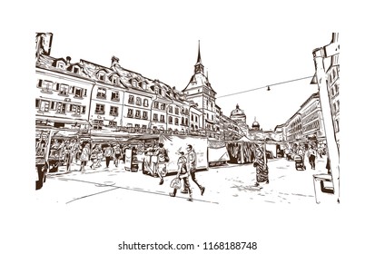 Building view with landmark of Bern, the capital city of Switzerland. Hand drawn sketch illustration in vector.