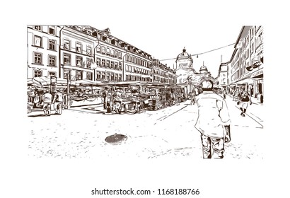 Building view with landmark of Bern, the capital city of Switzerland. Hand drawn sketch illustration in vector.