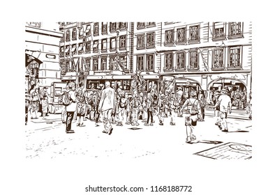 Building view with landmark of Bern, the capital city of Switzerland. Hand drawn sketch illustration in vector.