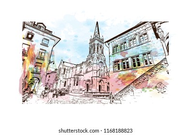 Building view with landmark of Bern, the capital city of Switzerland. Watercolor splash with Hand drawn sketch illustration in vector.