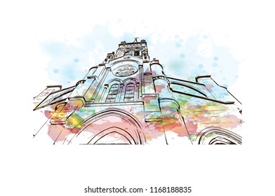 Building view with landmark of Bern, the capital city of Switzerland. Watercolor splash with Hand drawn sketch illustration in vector.