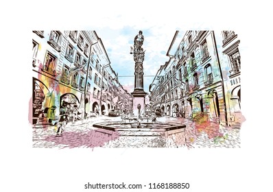 Building view with landmark of Bern, the capital city of Switzerland. Watercolor splash with Hand drawn sketch illustration in vector.