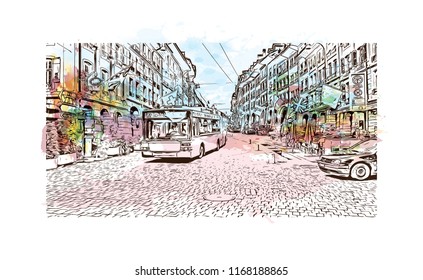 Building view with landmark of Bern, the capital city of Switzerland. Watercolor splash with Hand drawn sketch illustration in vector.